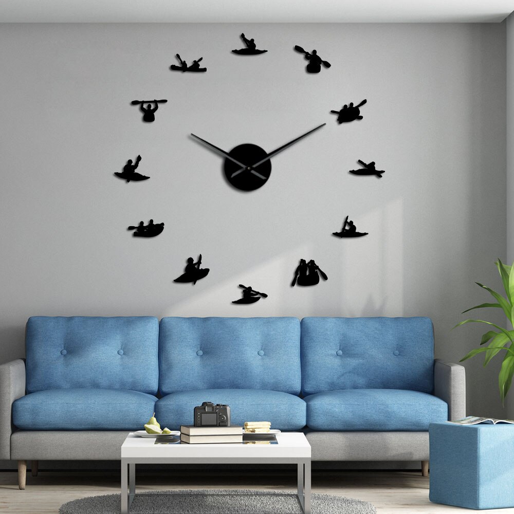 Canoa Rafting deportes acuáticos kayak DIY Reloj de pared grande con efecto espejo Kayakers gigante sin marco reloj de agujas grandes