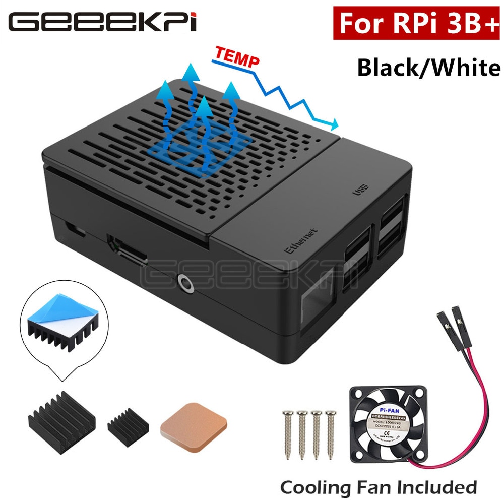 Geeekpi abs sort/hvid cover cover kabinet shell box + køleplader + køleventilator til raspberry  pi 3 b+  plus  / 3 b / 2 b