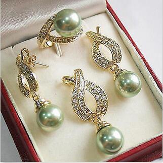 >> Natuurlijke 12mm Schelp Parel Hanger Ketting Oorbellen Ring Sets + Gratis Ketting