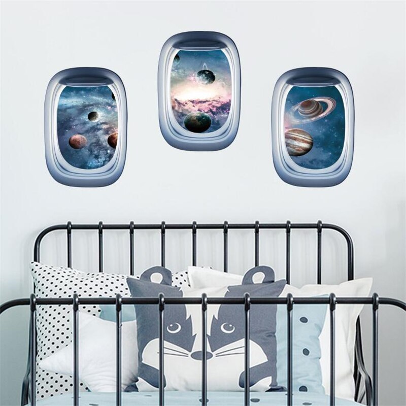 3D Spaceship Window Wall Stickers For Children's Room Bedroom Living Room Wall Decoration Door Sticker Art Mural