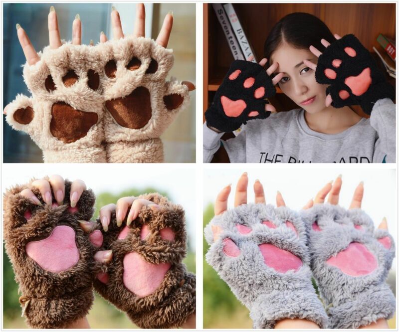 Winter Lovely Women Cat Claw Paw Mitten Plush Glove Costume Cute Winter Warm Half Finger Gloves Women Female Gloves Mitten