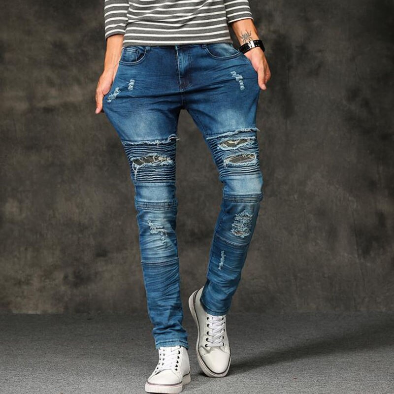 Heren gescheurde biker jeans gat skinny slim fit broek heren merk lente herfst gekrast zwart blauwe denim broek 42: 209 blauw / 36