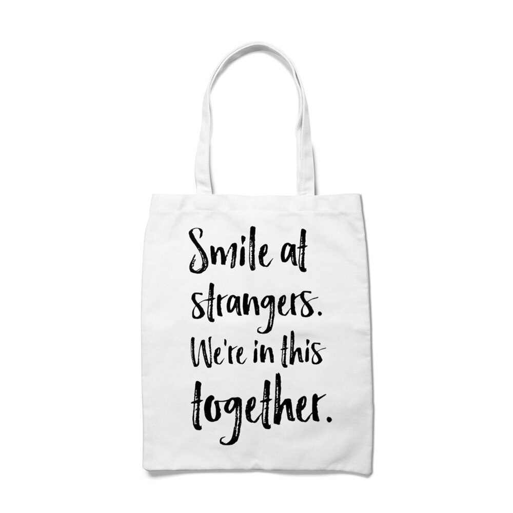 Sourire aux étrangers nous sommes dans ce ensemble lettre impression sac à provisions réutilisable épicerie fourre-tout sac à main sacs à bandoulière