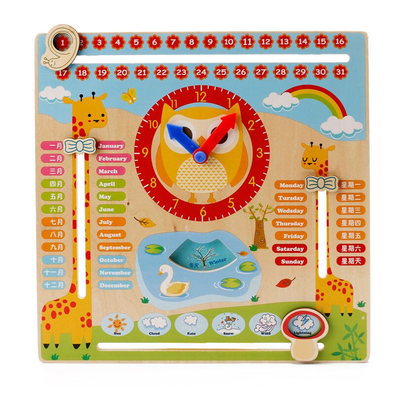 QWZ Wooden Toys Baby Weather Season Calendar Clock Time Cognition Puzzle Preschool Educational Teaching Aids Toys For Kids: 232