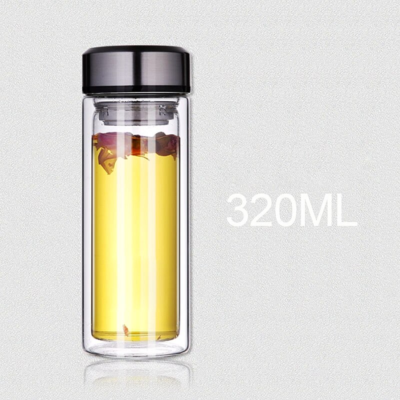 Double-layer Glass Water Bottle Water Bottle Double Layer Glass Heat Resistant Transparent Glass with Infuser Water Bottle: silver