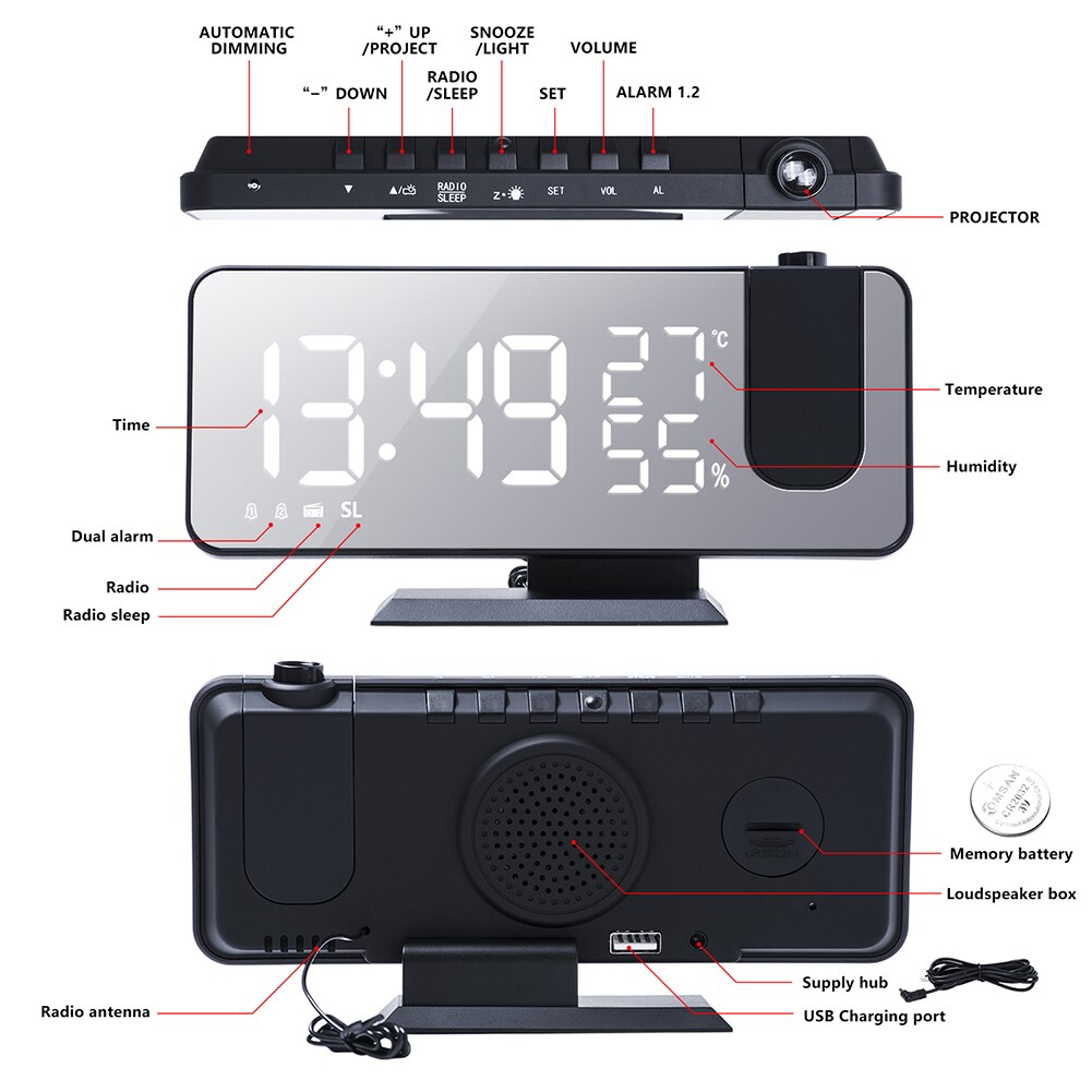 Projection Alarm Clock with LED Digital Table Electronic Alarm Clock with Projection FM Radio Time Projector Bedroom Clock