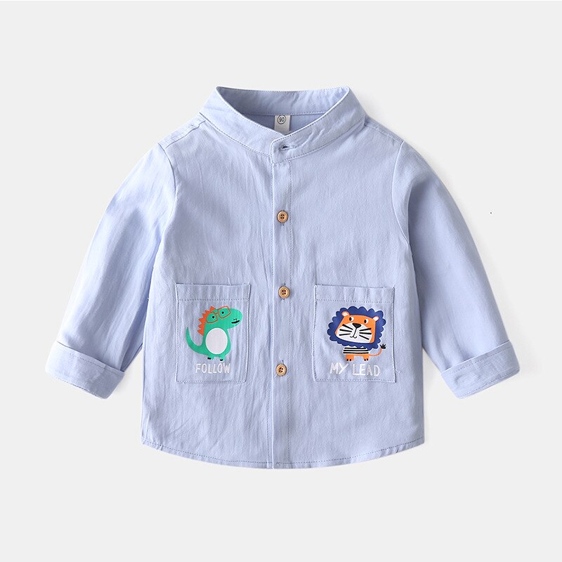 Csual Nette Karikatur Jungen Hemden Madarin Kragen freundlicher Spitzen Outfit Sommer Herbst freundlicher Kleidung: Blau / 90(2T)