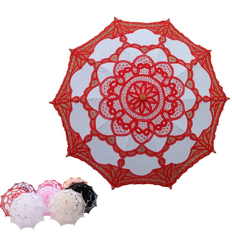 Kant Bruids Paraplu Parasol Zwart Rood Wit Katoen Zonnescherm Voor Bruid Houten Handvat Bruiloft Decoratie Paraplu