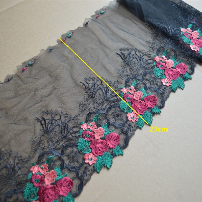 2yds/Lot 23Cm Brede Zwarte Mesh Roze Groen Gemengde Bloemen Borduren Kant Trim Voor Kleding Bruiloft, onderpakken