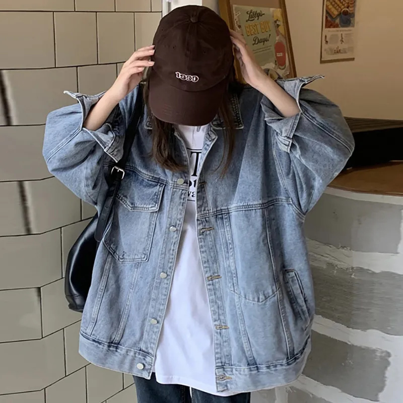Cowboyjakke til kvinder retro denimjakke løs alsidig forårs- og efterårsjakke med lange ærmer blå chic top 5xl bf stil