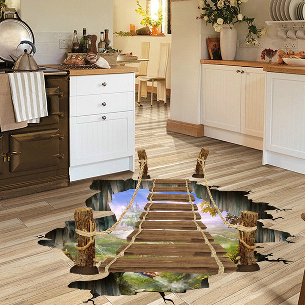 Pegatinas de suelo 3D extraíbles dibujos animados puente pegatinas de pared para niños habitaciones baño decoración autoadhesiva película Mural decoración del hogar