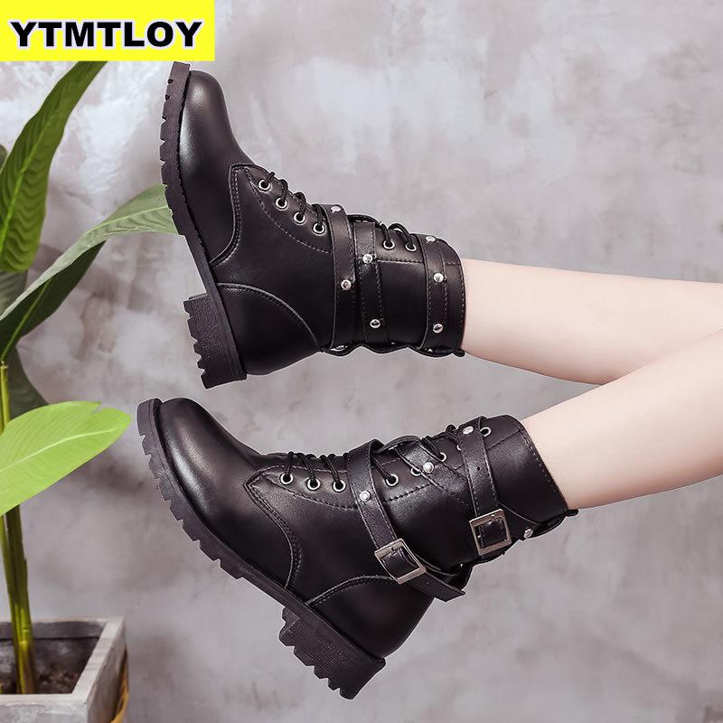 botas de tobillo de de invierno de cuero Pu para mujer zapatos de trabajo de punta redonda de encaje negro para mujer botas de encaje negro Botas femenina