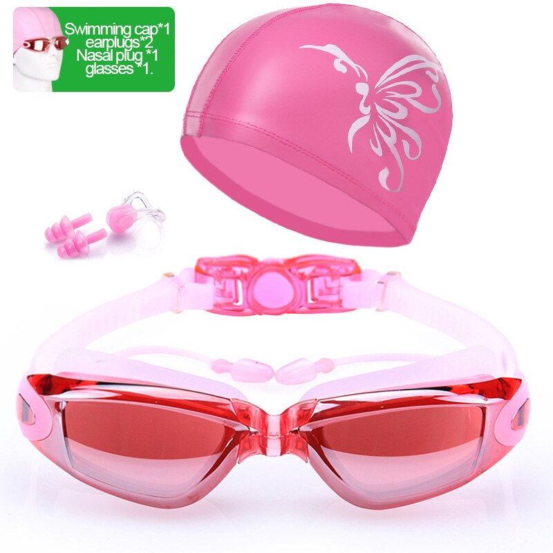 Svømmebriller voksen svømmebriller vandtæt dragt hd anti-fog 100%  uv justerbare svømmebriller til bassiner: P-lyserød