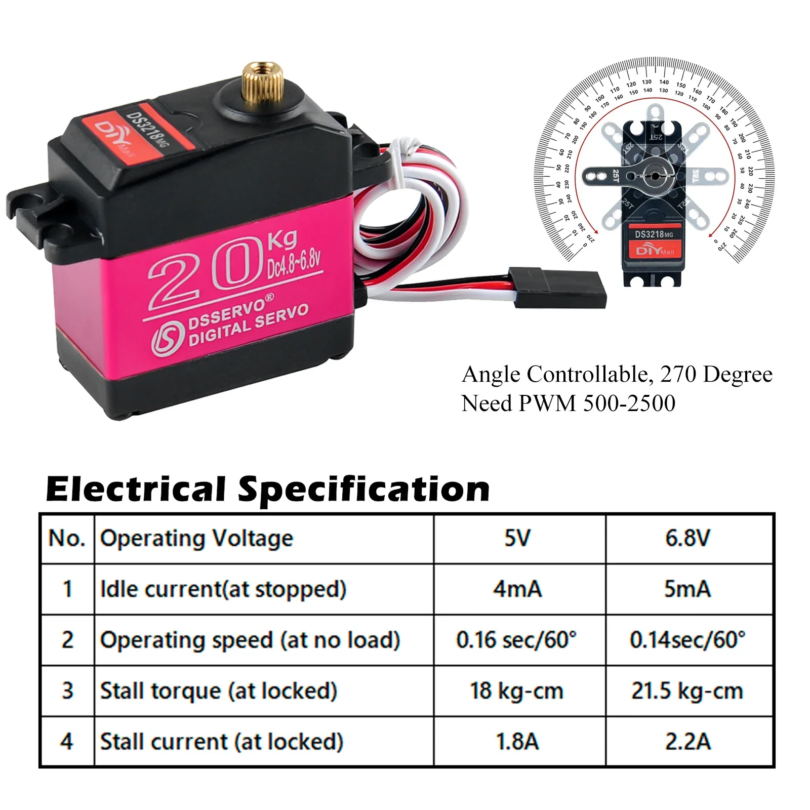 Servo de 20KG DS3218 / PRO 180 Servo de alta velocidad de 270 grados Servo Digital de engranaje de Metal resistente al agua Servo RC para coches RC a escala 1/8 1/10