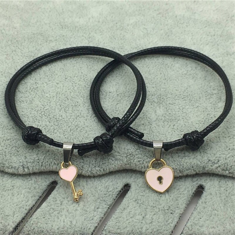 2 unids/lote , pulsera de pareja, llave de aleación, candado de corazón, pulsera, joyería hecha a mano, pulsera de cuerda, para amantes de las mujeres: 4