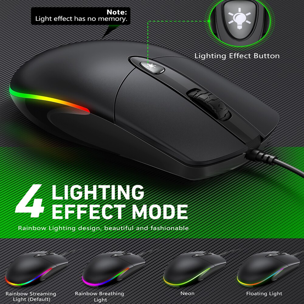 Jelly comb Wired Optical Mouse Gaming Mice with RGB Backlight and Silent Clicking for PC Computer Laptop 1600 DPI Black