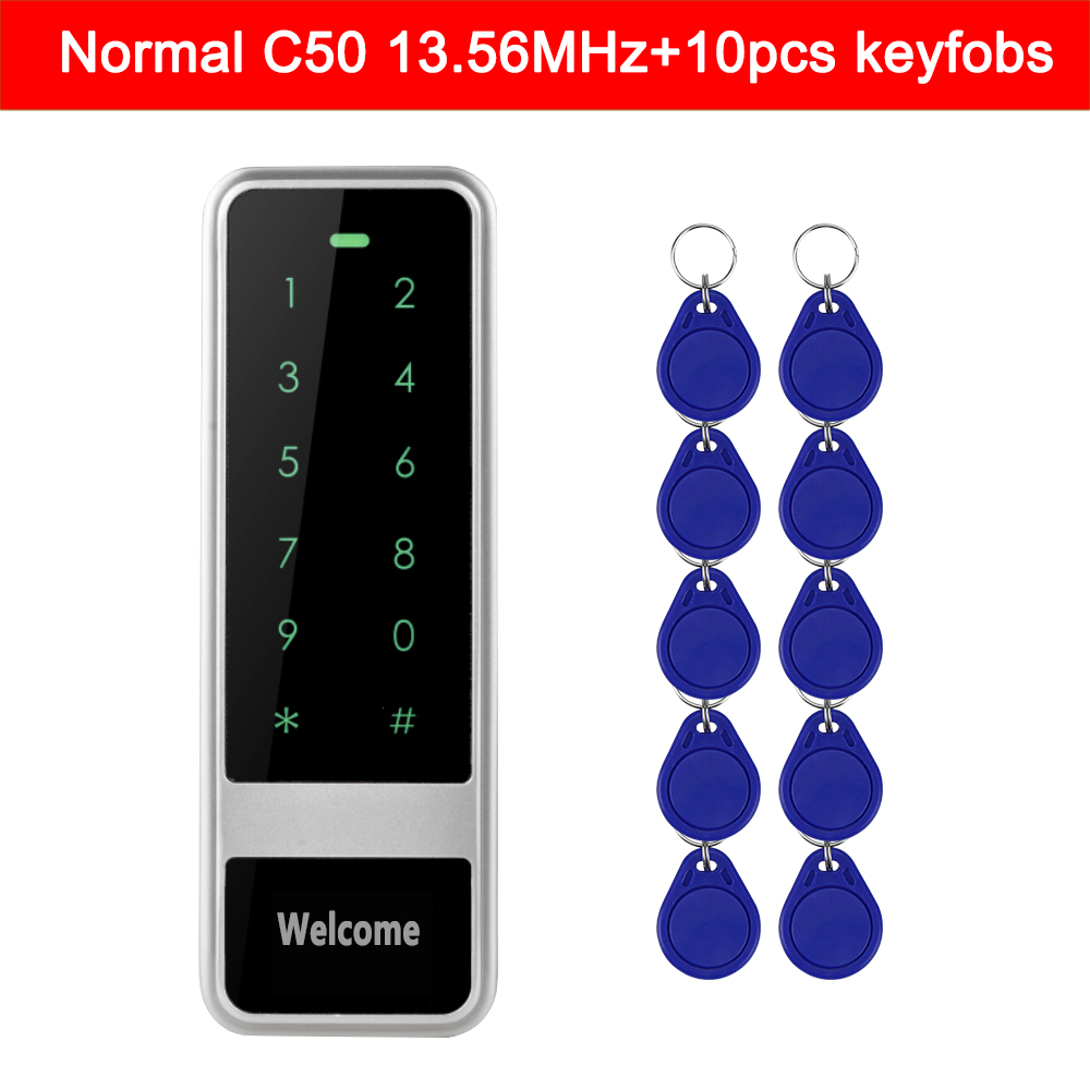 Vandtæt metal rfid 125 khz  or 13.56 mhz adgangskontroltastatur med berøringsskærmpanel til sikkerhed adgangskontrolsystem  +10 nøgle: C50 ic 10- tast