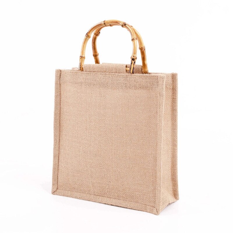 Portable Burlap Jute Shopping Bag Handbag Bamboo Loop Handles Reusable Grocery Bags