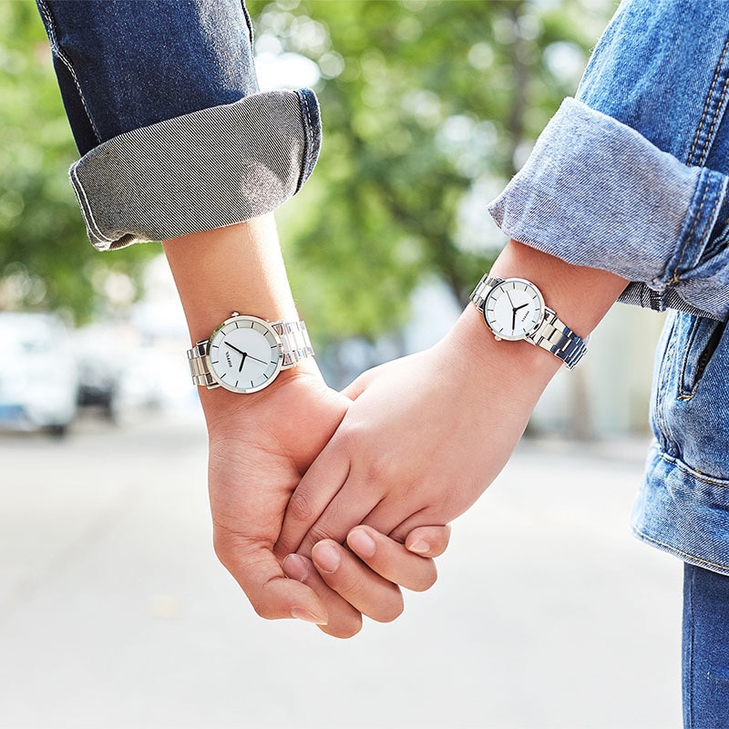 Minimalistisk par ur mænd kvinder rustfrit stål band ur dame simpel elsker par ur jubilæum til mand og kone
