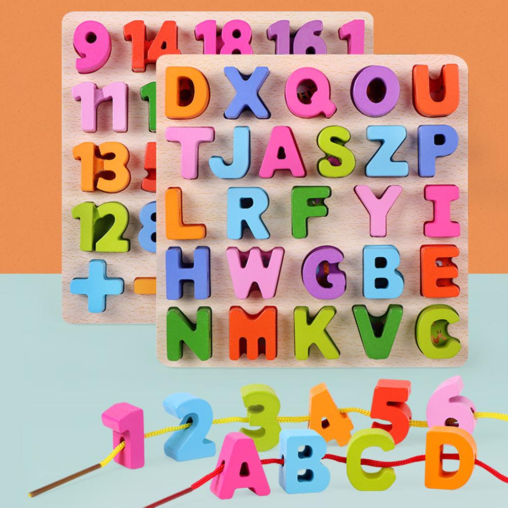 Alfabet Abc Nummers Houten Puzzels Vetersluiting Threading Kralen Game Kids Diy Handgemaakte Speelgoed Ontwikkeling Educatief Speelgoed Voor Kinderen