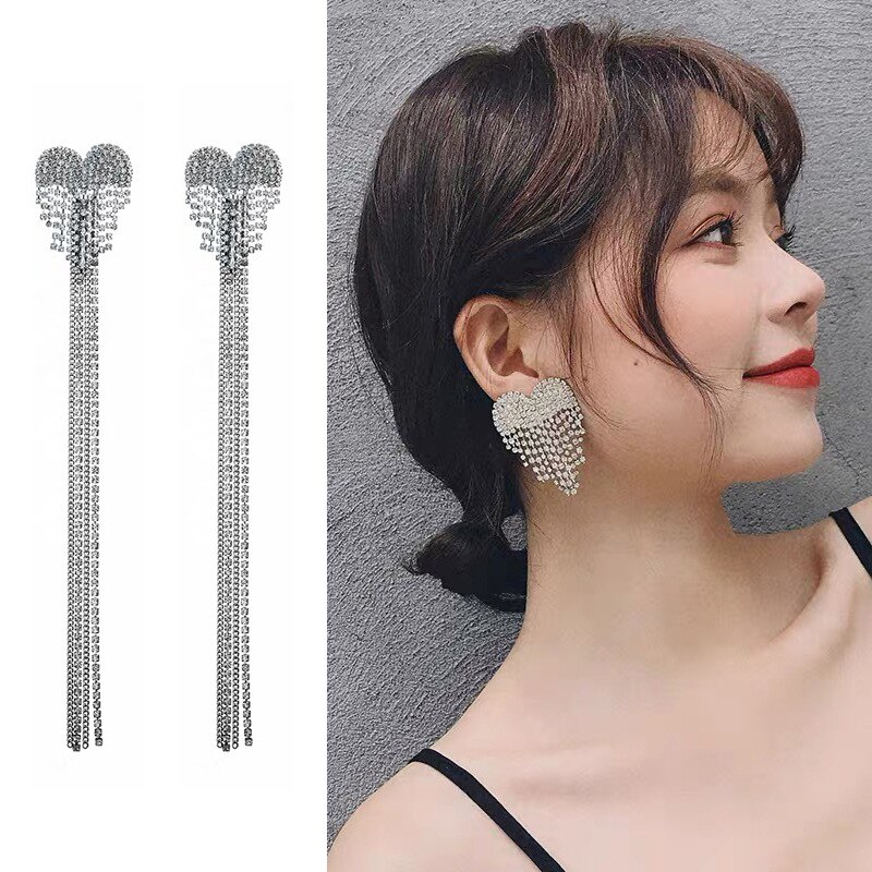 Full Rhinestone Bangs Shining Woman Earrings Long heart Luxurious Crystal Hyperbole Korean Earring Pendant