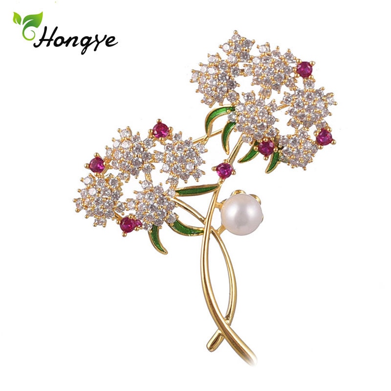 Hongye Big Flower Freshwater Pearl Brooch for Women Brooch Pin Bouquet Zircon Brooches and Pins Scarf Clip Jewelry