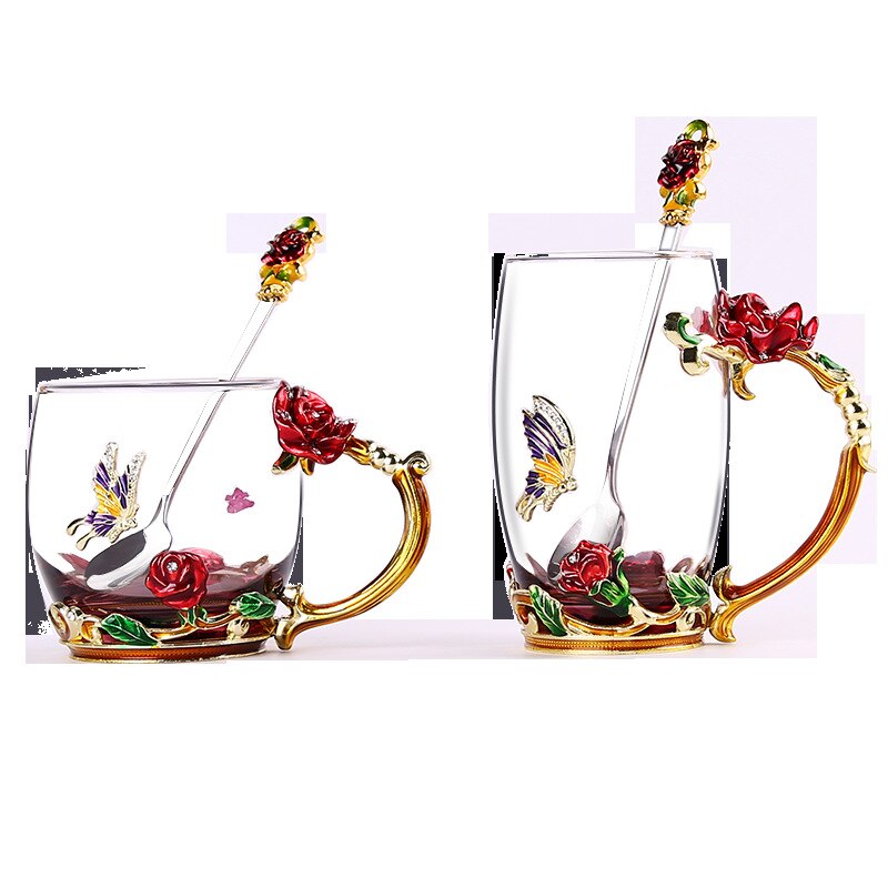 Emalje farge glass kopp hjem romantisk rose te kopp kaffekopp med lokk skje melk kopp vann kopp kvinne