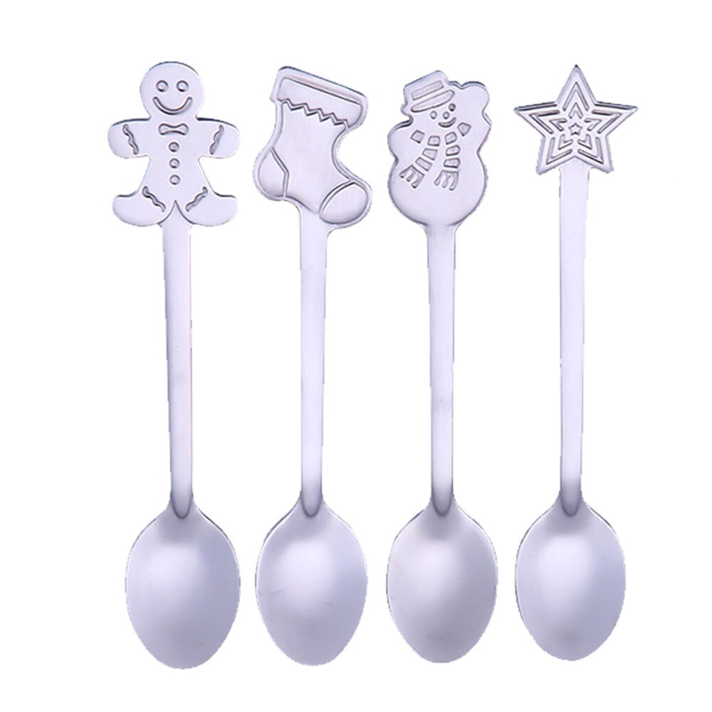 4Stck Edelstahl bunte Weihnachten Kaffee Löffel Griff Löffel Besteck Eis Trinken Werkzeug Weihnachten Hütte Besteck H5: Silber-