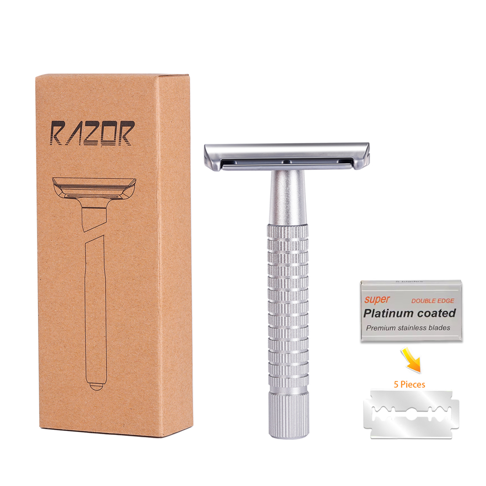 Maquinilla de afeitar de seguridad Whityle de doble filo, afeitadora Manual Popular en húmedo, herramienta de cuidado de afeitadora clásica para hombres y mujeres con 5 hojas de platino: Plata