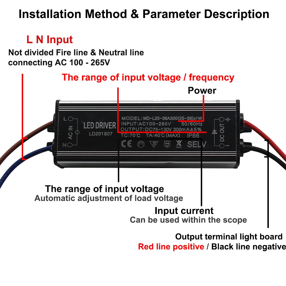 Aluminium IP66 25-36W LED Driver 300mA AC 100-265V to DC 75- 130V Waterproof Power Supply Lighting Transformer Drivers Ballast