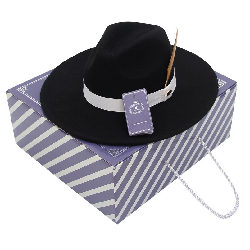 Gemvie stiv bred skygge 100%  uld fedora filthat til kvinder mand stribet fjerbånd efterår vinter panama jazz kasket