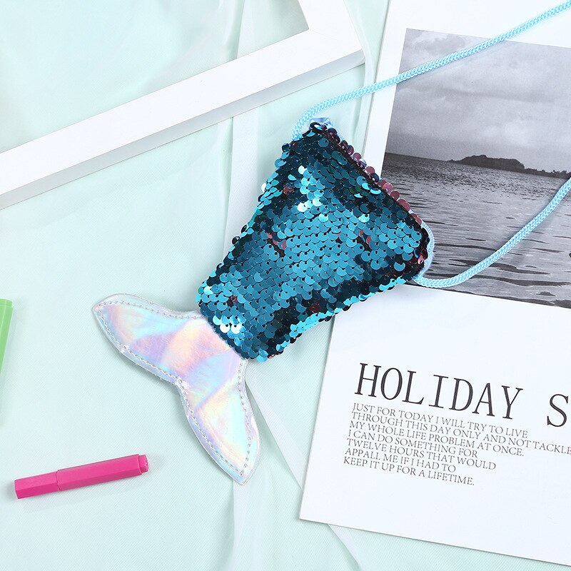 cute girl waist bag mermaid fishtail sequins fanny pack chest bag mini purse Long Rope Coin Purse Girls Crossbody Bags: 6
