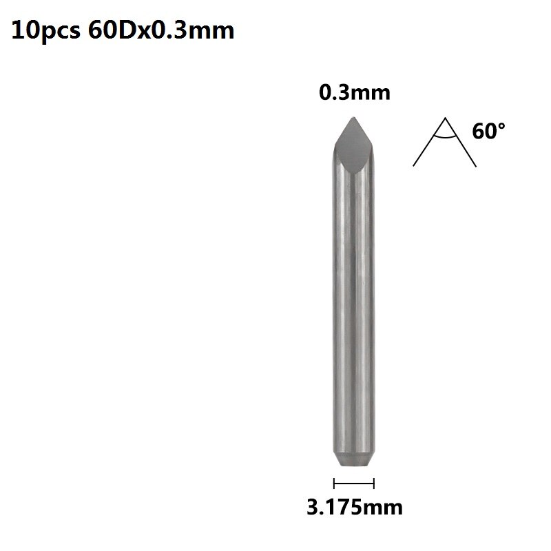 Xcan 3 Rand Piramide Graveren Bits 10 Stuks 20/30/40/45/60/90 Graden Tip 0.1-0.3Mm 3.175Mm Shank Cnc 3D Frees: 10pcs 60Dx0.3mm