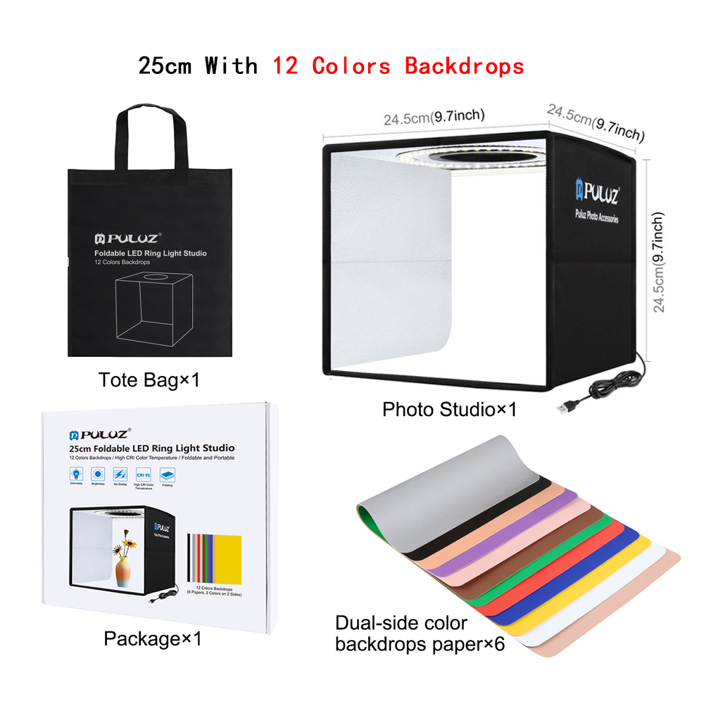 PULUZ 25cm/40cm LED Photography Studio Lightbox Shooting Tent Box Photo Studio Box Portable Ring Kit 6/12 Color Backdrop Softbox: 25cm 12 Backdrops