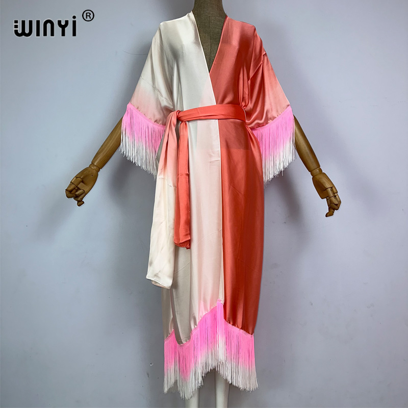 Winyi Kimono Cover-Ups Zomer Boho Geleidelijke Franje Print Bikini Cover-Up Mode Vest Sexy Kwastjes Maxi Jurk: Clear