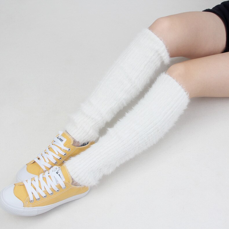 Korea Style Women Winter Warm Solid Soft Stockings Female Thick Over Knee Leg Warmers Knitted Womens Gaiters Beenwarmers: Beige white