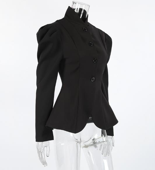 Mini abito nero elegante da donna con colletto rialzato retrò con maniche a palloncino stile pendolare e una piccola giacca in stile profumato