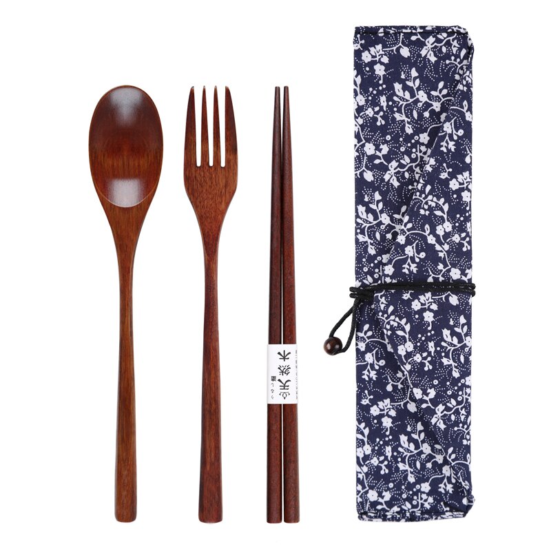 Bærbart træbestikssæt træbestik knive gafler skeer spisepinde rejser spisestue dragt miljømæssigt med taske: Almindeligt