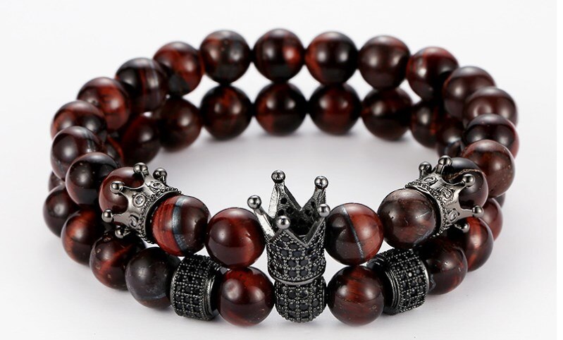 8mm 2 st/set dfg 32 elastisk justerad natur röd tigeröga pärla micro pave cz zirkon cubic zirconia makrame charm crown armband: 2