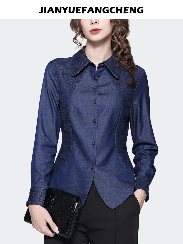 Women Long Sleeve Blue Denim Shirt Spring Vintage Embroidered Tops Pointed Collar Casual Button-down Blouses