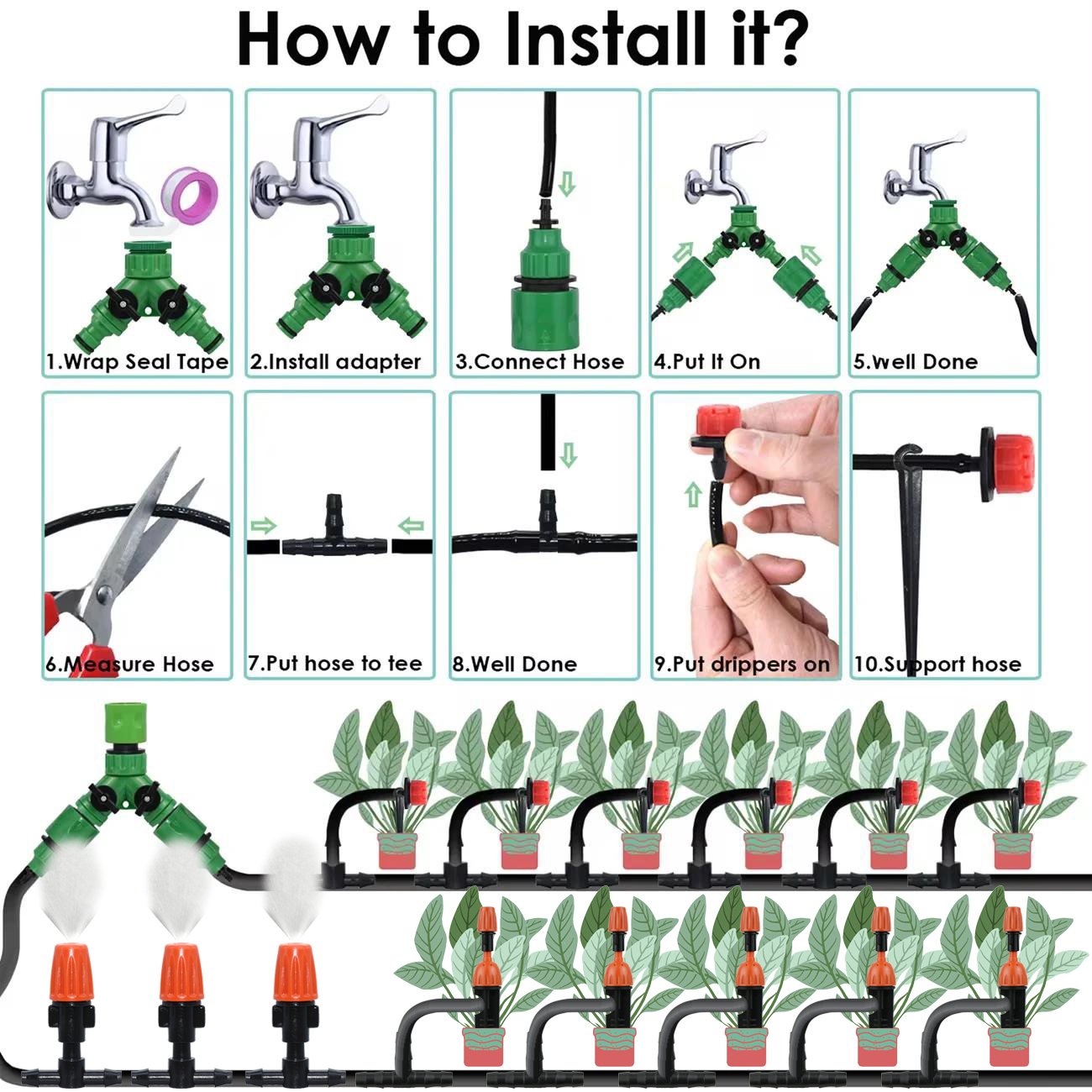 Sprycle 30–50 m Gartenbewässerung, Bewässerungssystem, Tropf-Set, verstellbare Nebeldüsen, automatisches Spray, für den Außenbereich, Hof, Gewächshaus