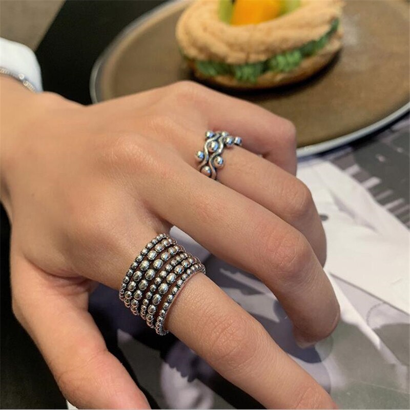 Yikuf88 s925 anel de prata esterlina feminino estilo étnico retro arranjado contas de prata anel aberto multi-camada punk hip-hop anel