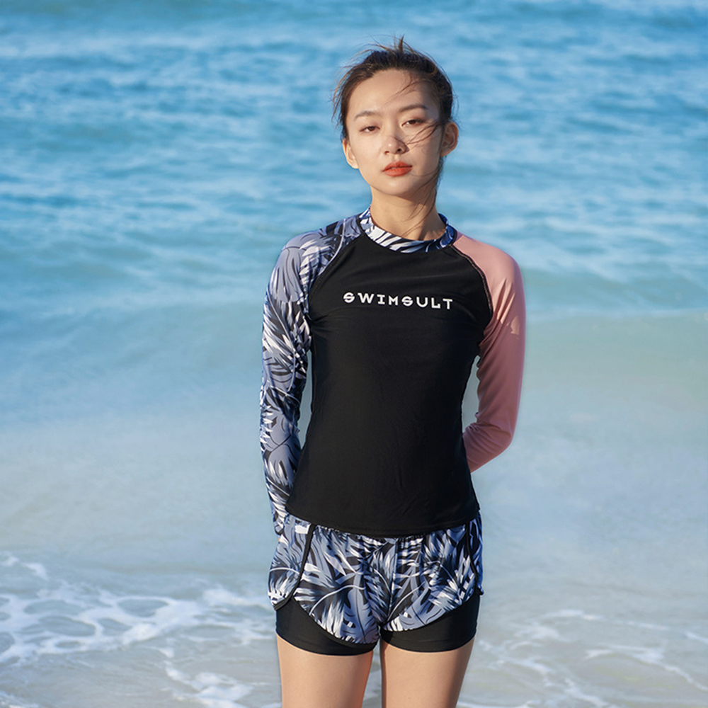 Women's sunscreen split surfing suit long-sleeved top + shorts two-piece quick-drying swimming snorkeling surfing suit 2022: Black / Xxl 62-70kg