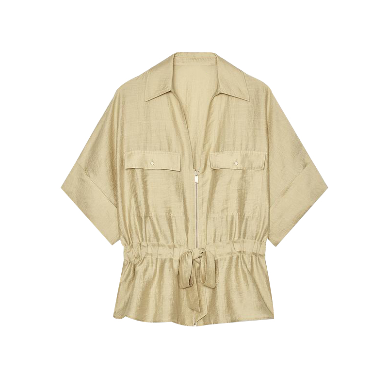 Set Woman 2 Pieces Short Sleeve Stand Zippers Lace Up Tops Loose Straight-leg Pants Summer Female Casual Outfits: L / Silver