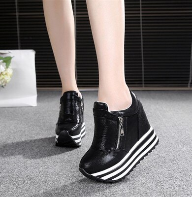 Kvinder sneakers forår efterår høje hæle damer fritidssko kvinder wedges platform sko kvindelige tyk bund sneakers: Sort / 7