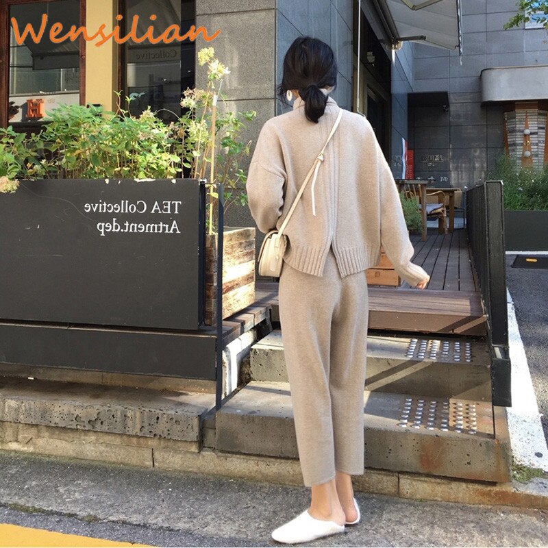 Women's Tracksuit Set - Knitted Turtleneck Pullover - 2 Piece Casual Outfit