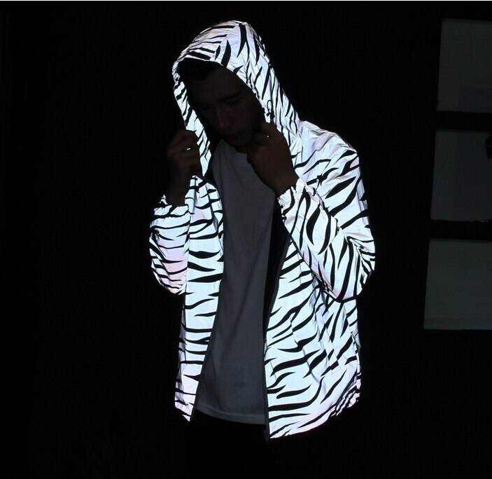 Reflective Light Jacket Men Mesh Style Noctilucent Zebra Jackets Hip Hop Streetwear Skateboard Waterproof Coat Outwear 5XL
