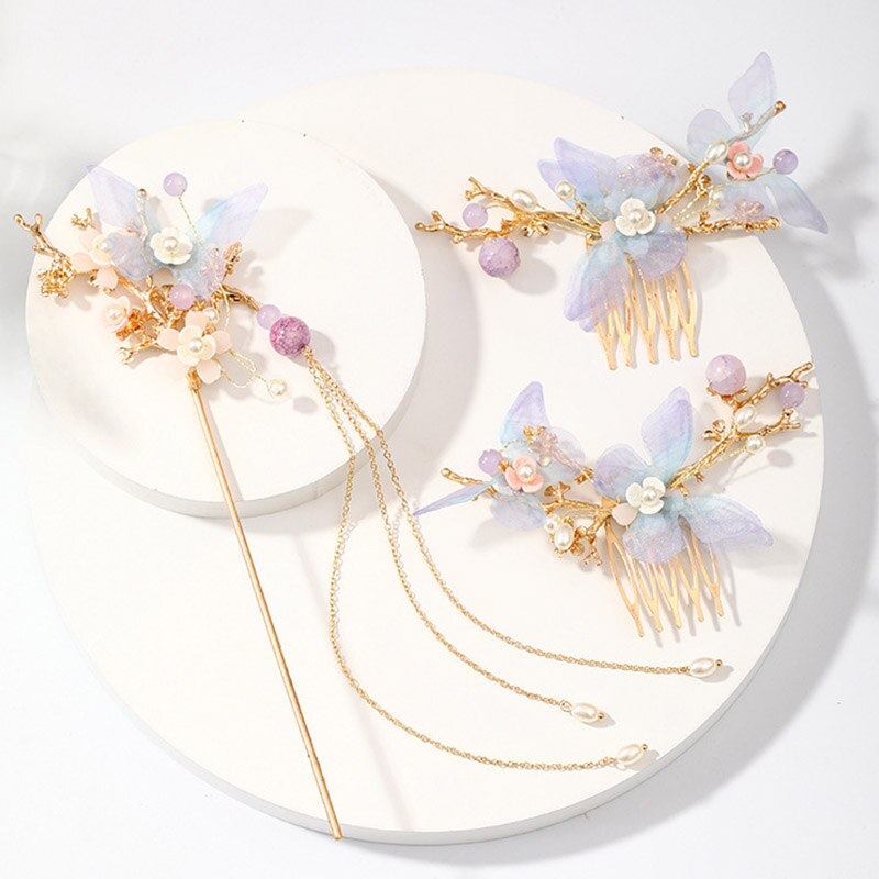 Conjunto de jóias de cabelo artesanal conjunto de jóias de cabelo requintado flor borla hairpin pente de cabelo conjunto de jóias feminino grampo de cabelo acessórios vl: Default Title