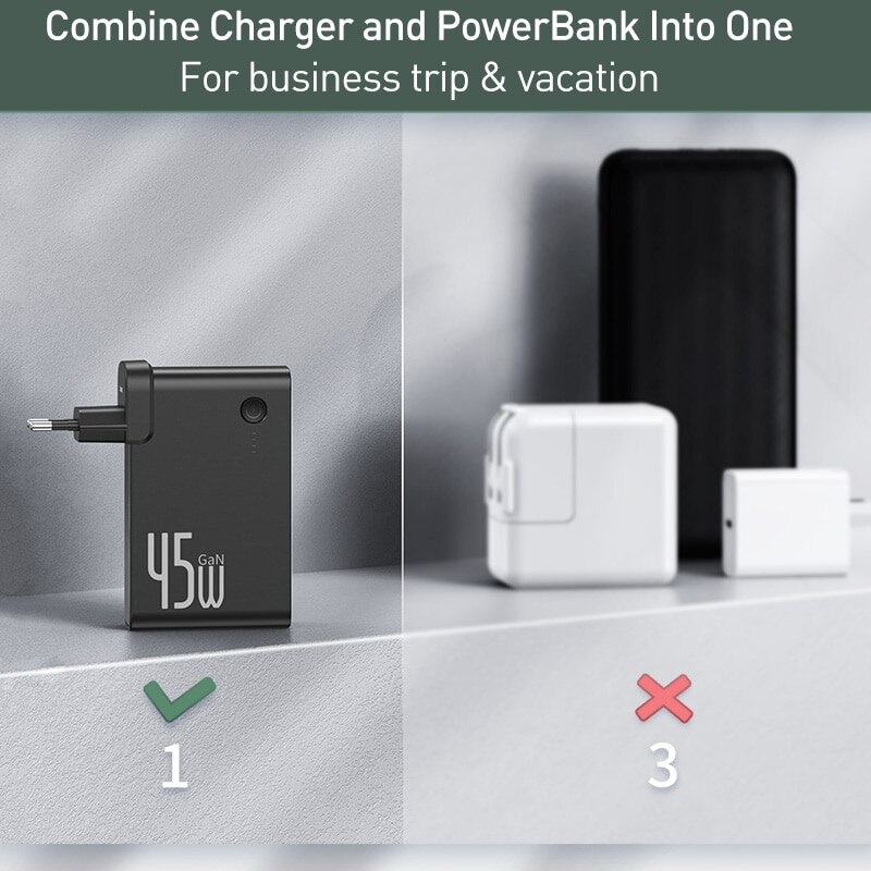Baseus GaN Power Bank Charger 10000mAh 45W USB C PD Fast Charging 2 in 1 Charger & Battery in One For iP11 Pro Laptop ForXiaomi