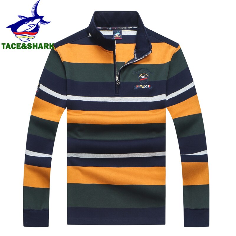 TACE&amp;SHARK Brand Business Polo Stripes Embroidery Long Sleeve Polo Shark Tops Casual Fashion Men Autumn Slim Yellow Red Clothes